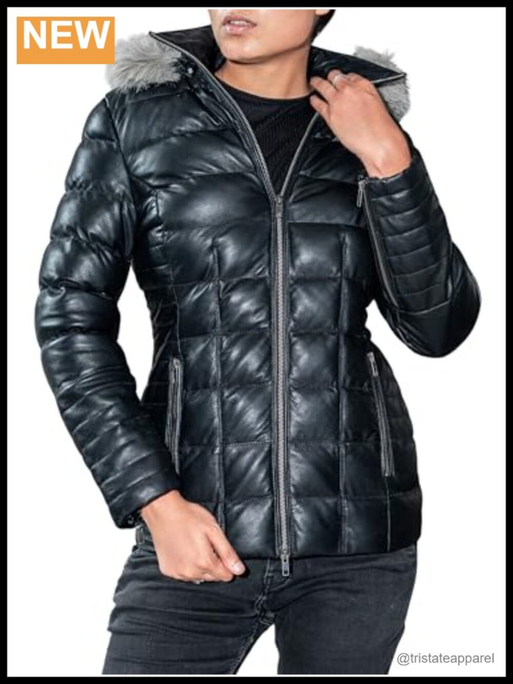 Quilted Lambskin Leather Puffer Jacket Women's Winter Coat Hooded